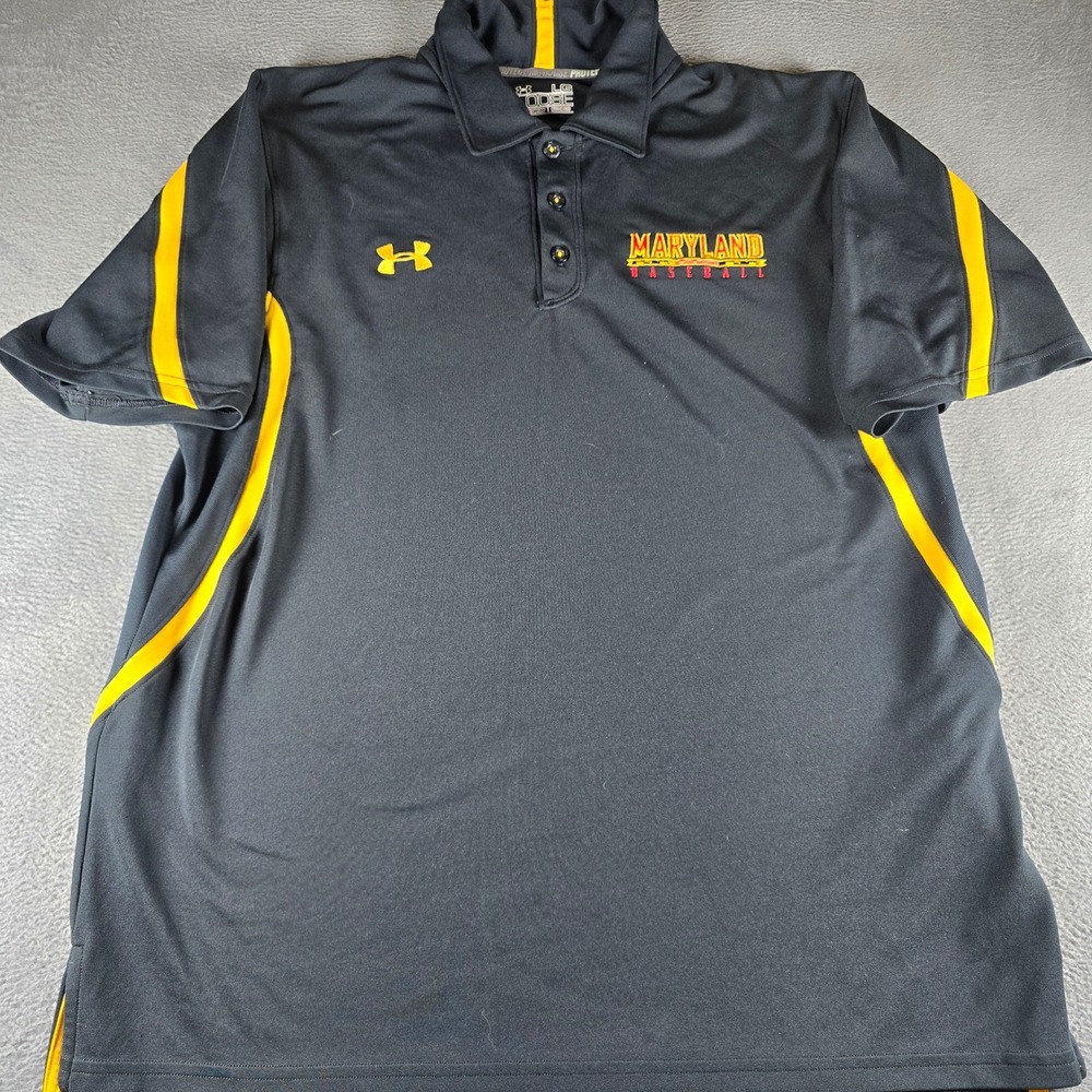 Under Armour Maryland Baseball Polo Shirt Mens Large Black Yellow HeatGear Loose